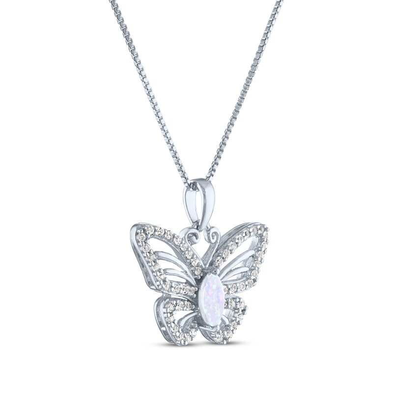 Main Image 2 of Marquise-Cut Lab-Created Opal & White Lab-Created Sapphire Butterfly Necklace Sterling Silver 18"
