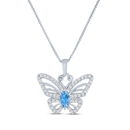 Marquise-Cut Swiss Blue Topaz & White Lab-Created Sapphire Butterfly Necklace Sterling Silver 18"