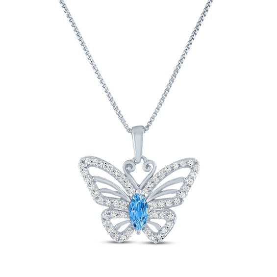 Marquise-Cut Swiss Blue Topaz & White Lab-Created Sapphire Butterfly Necklace Sterling Silver 18"