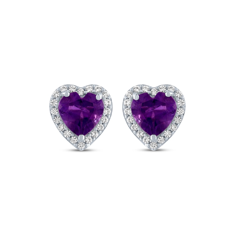 Main Image 2 of Heart-Shaped Amethyst & White Lab-Created Sapphire Stud Earrings Sterling Silver