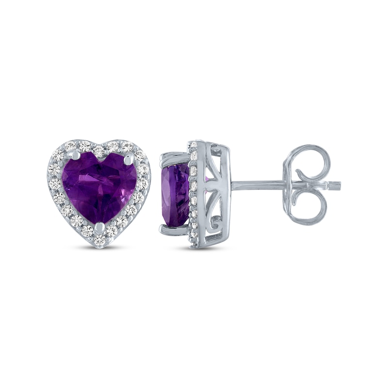 Main Image 3 of Heart-Shaped Amethyst & White Lab-Created Sapphire Stud Earrings Sterling Silver