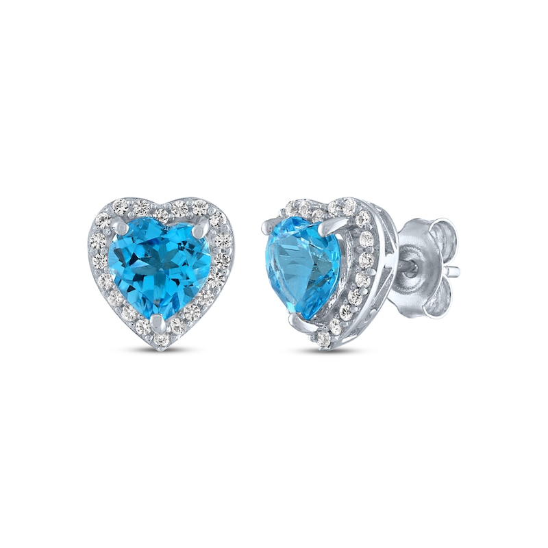 Main Image 1 of Heart-Shaped Swiss Blue Topaz & White Lab-Created Sapphire Stud Earrings Sterling Silver