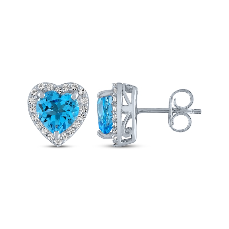 Main Image 3 of Heart-Shaped Swiss Blue Topaz & White Lab-Created Sapphire Stud Earrings Sterling Silver