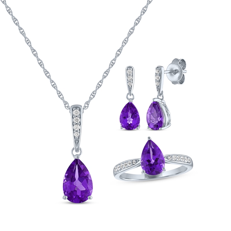 Main Image 1 of Pear-Shaped Amethyst & White Lab-Created Sapphire Gift Set Sterling Silver - Size 7