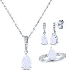 Pear-Shaped Lab-Created Opal & White Lab-Created Sapphire Gift Set Sterling Silver - Size 7