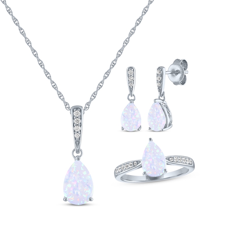 Main Image 1 of Pear-Shaped Lab-Created Opal & White Lab-Created Sapphire Gift Set Sterling Silver - Size 7