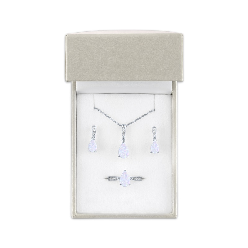 Main Image 5 of Pear-Shaped Lab-Created Opal & White Lab-Created Sapphire Gift Set Sterling Silver - Size 7