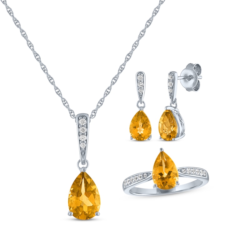 Main Image 1 of Pear-Shaped Citrine & White Lab-Created Sapphire Gift Set Sterling Silver - Size 7