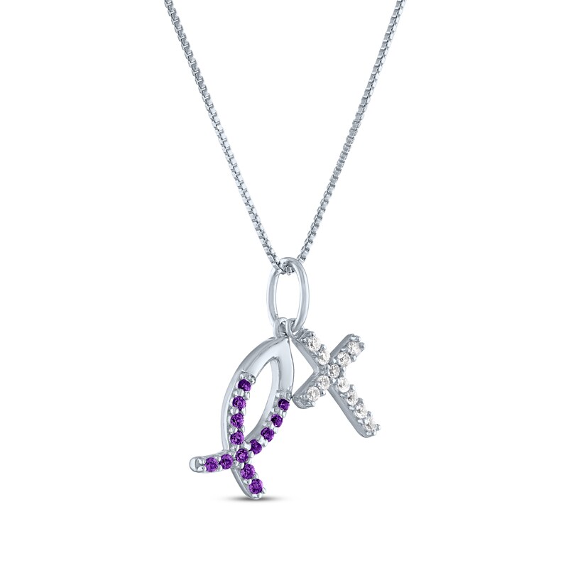 Main Image 2 of Amethyst & White Lab-Created Sapphire Cross & Ichthus Necklace Sterling Silver 18"