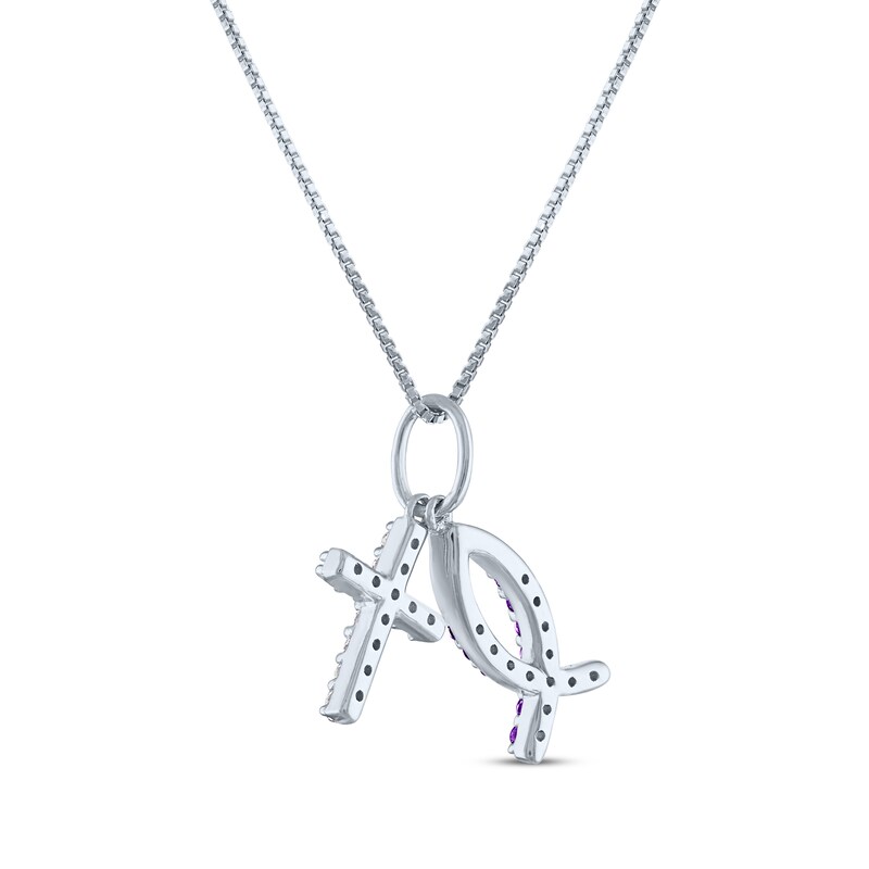 Main Image 3 of Amethyst & White Lab-Created Sapphire Cross & Ichthus Necklace Sterling Silver 18"