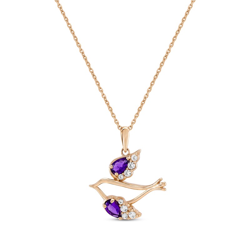 Main Image 1 of Pear-Shaped Amethyst & White Lab-Created Sapphire Dove Necklace 10K Rose Gold 18"
