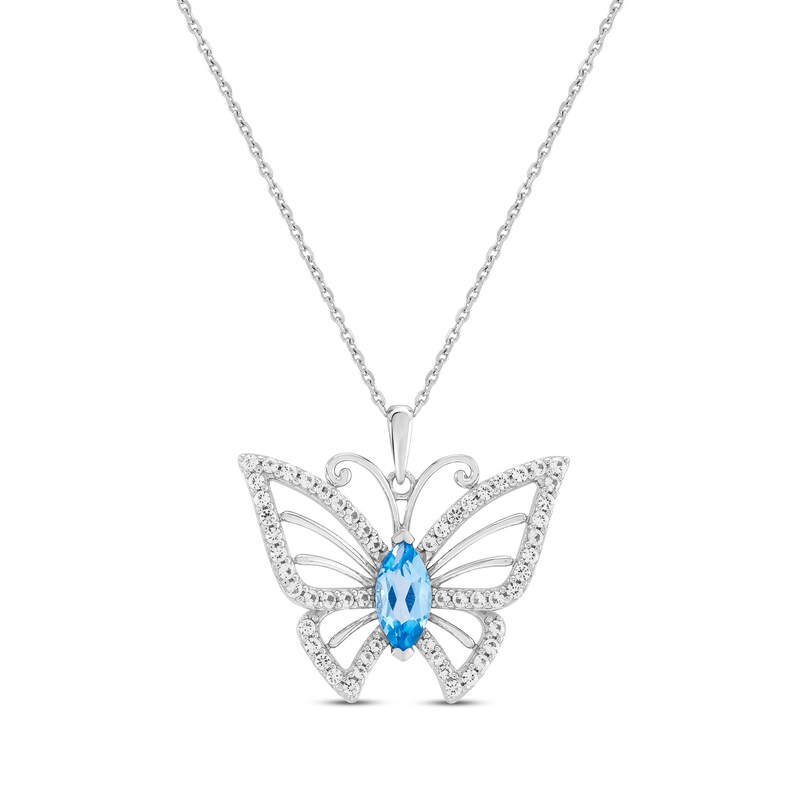 Main Image 1 of Marquise-Cut Swiss Blue Topaz & White Lab-Created Sapphire Butterfly Necklace Sterling Silver 18"