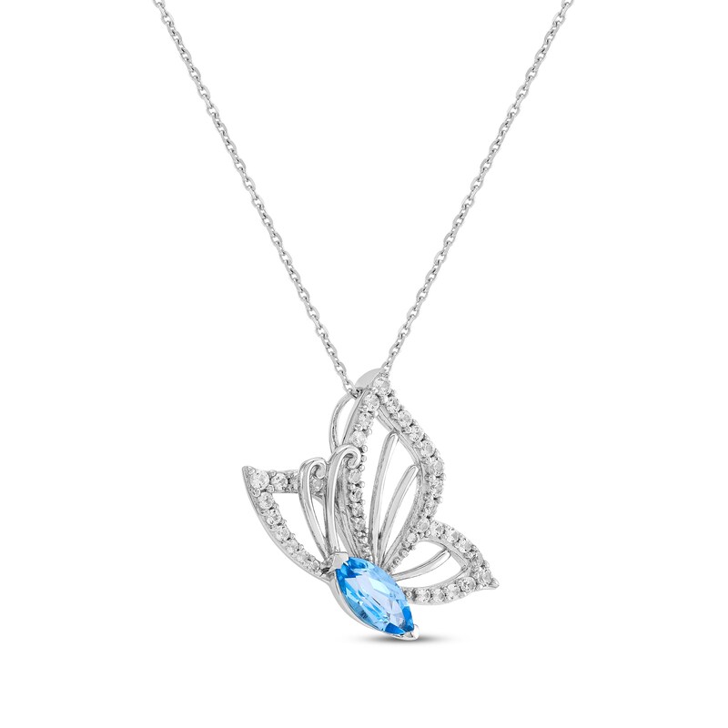Main Image 2 of Marquise-Cut Swiss Blue Topaz & White Lab-Created Sapphire Butterfly in Flight Necklace Sterling Silver 18"