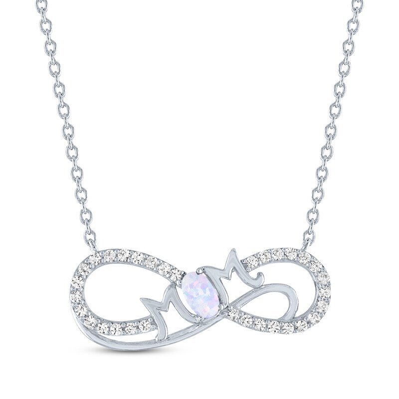 Main Image 1 of Oval-Cut Lab-Created Opal & White Lab-Created Sapphire "Mom" Infinity Necklace Sterling Silver 18"