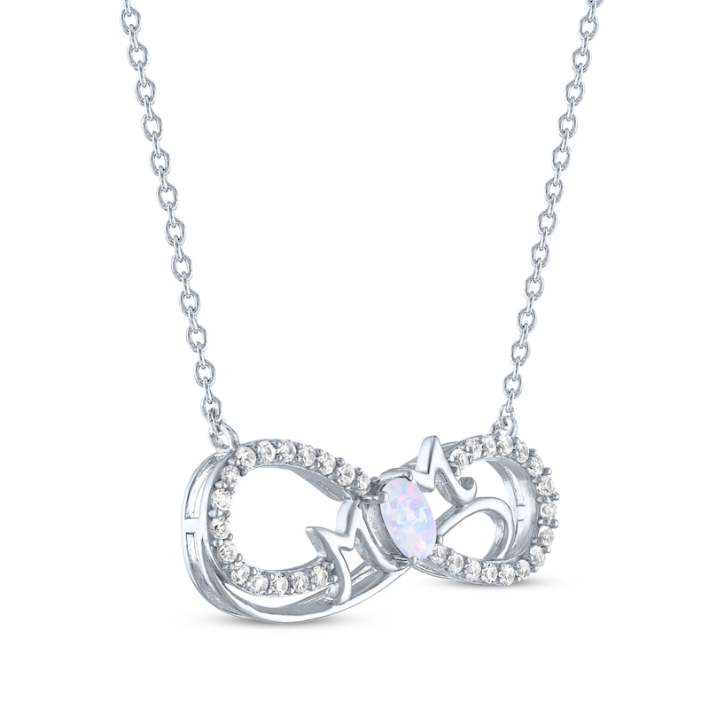 Main Image 2 of Oval-Cut Lab-Created Opal & White Lab-Created Sapphire "Mom" Infinity Necklace Sterling Silver 18"