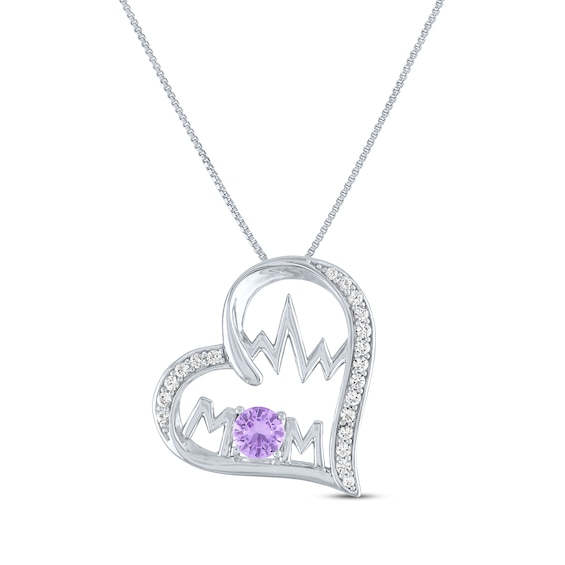 Amethyst & White Lab-Created Sapphire "Mom" Heartbeat Necklace Sterling Silver 18"