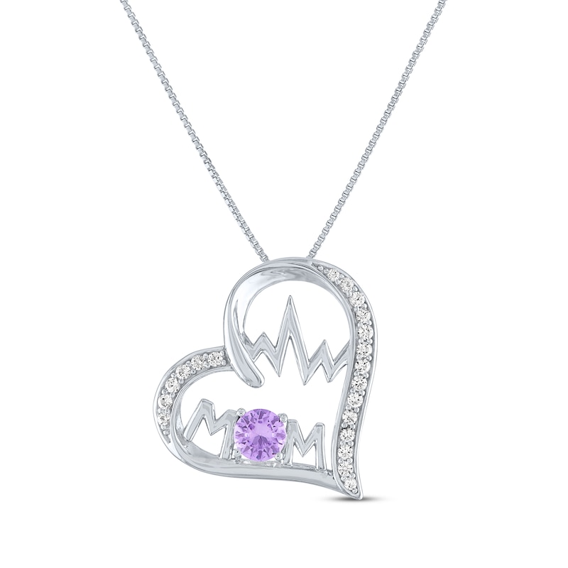 Main Image 1 of Amethyst & White Lab-Created Sapphire "Mom" Heartbeat Necklace Sterling Silver 18"