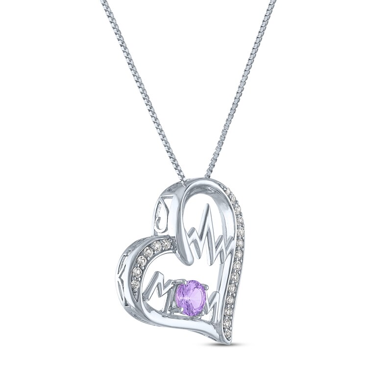 Main Image 2 of Amethyst & White Lab-Created Sapphire "Mom" Heartbeat Necklace Sterling Silver 18"