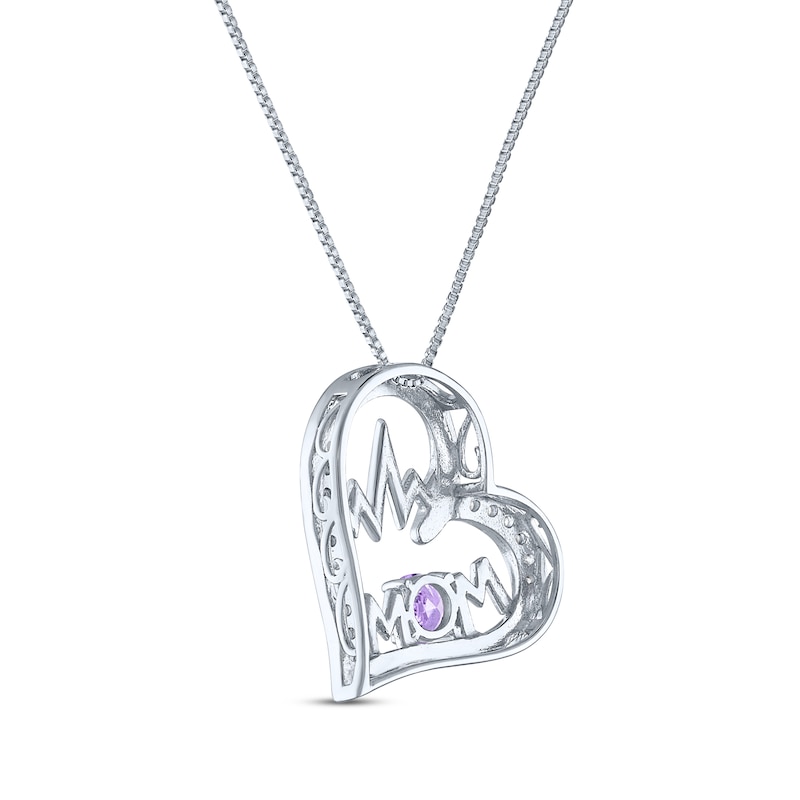 Main Image 3 of Amethyst & White Lab-Created Sapphire "Mom" Heartbeat Necklace Sterling Silver 18"