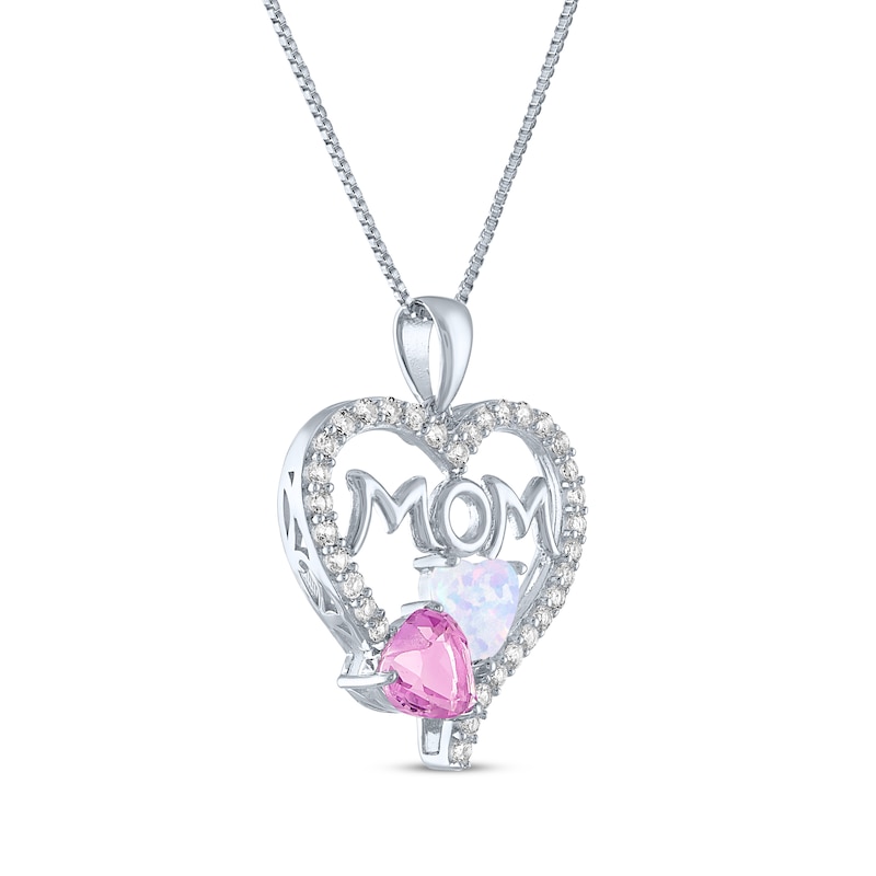 Pink Lab-Created Sapphire, Lab-Created Opal & White Lab-Created Sapphire "Mom" Heart Necklace Sterling Silver 18"