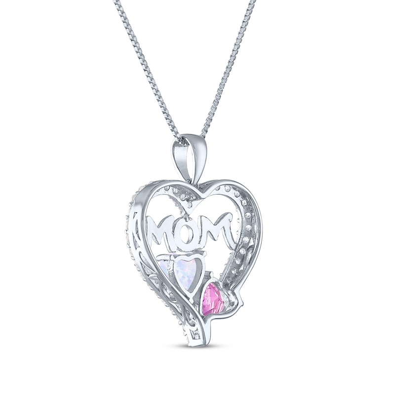 Pink Lab-Created Sapphire, Lab-Created Opal & White Lab-Created Sapphire "Mom" Heart Necklace Sterling Silver 18"