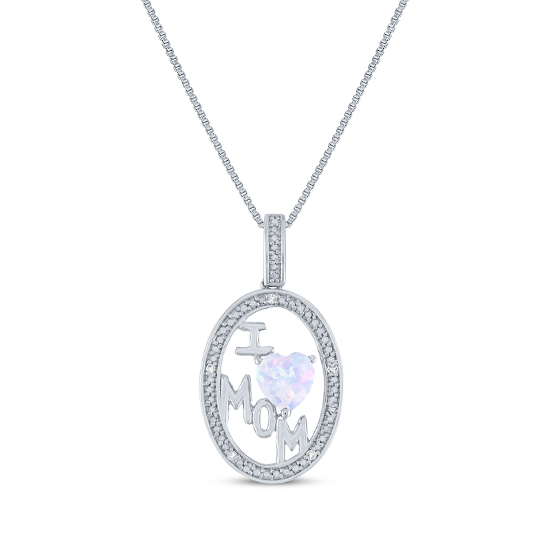 Main Image 1 of Heart-Shaped Lab-Created Opal & Diamond Accent "I Heart Mom" Oval Necklace Sterling Silver 18"