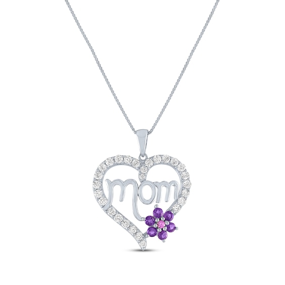 Amethyst & Pink Lab-Created Sapphire Flower Heart "Mom" Necklace Sterling Silver 18"
