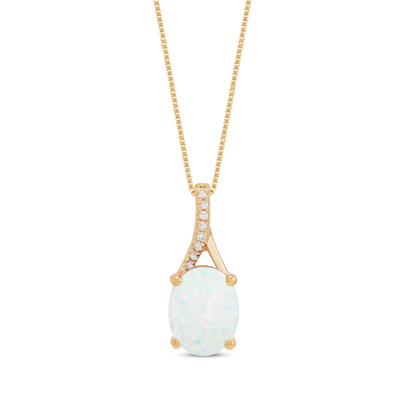 Main Image 1 of Oval-Cut Lab-Created Opal & Diamond Accent Necklace 10K Yellow Gold 18"