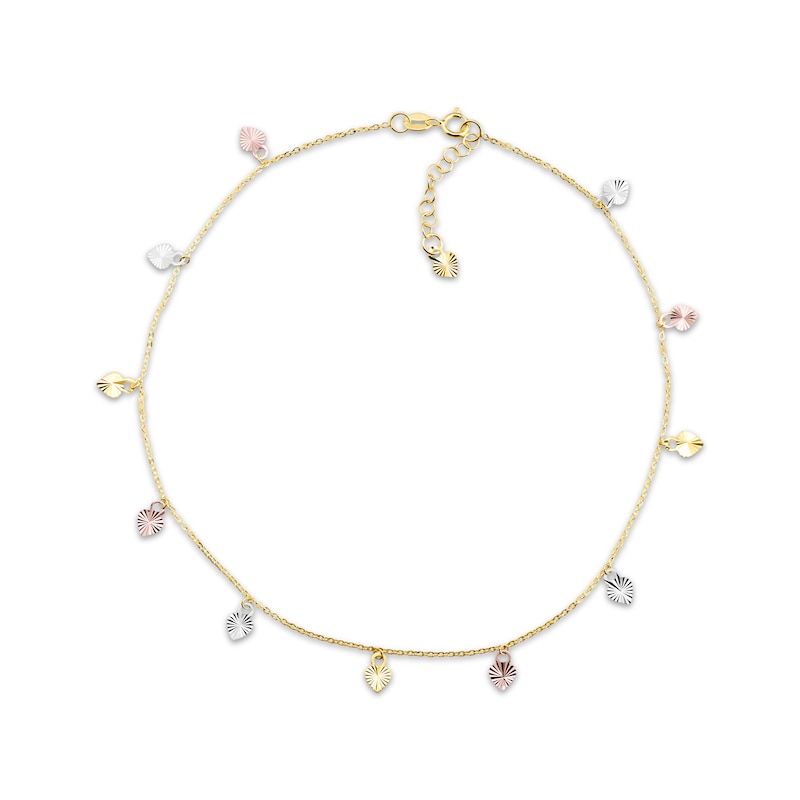 Main Image 1 of Diamond-Cut Heart Dangle Anklet 10K Tri-Tone Gold 10"