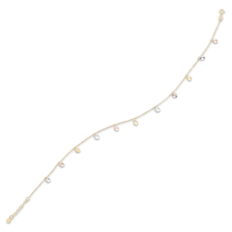 Main Image 2 of Diamond-Cut Heart Dangle Anklet 10K Tri-Tone Gold 10"