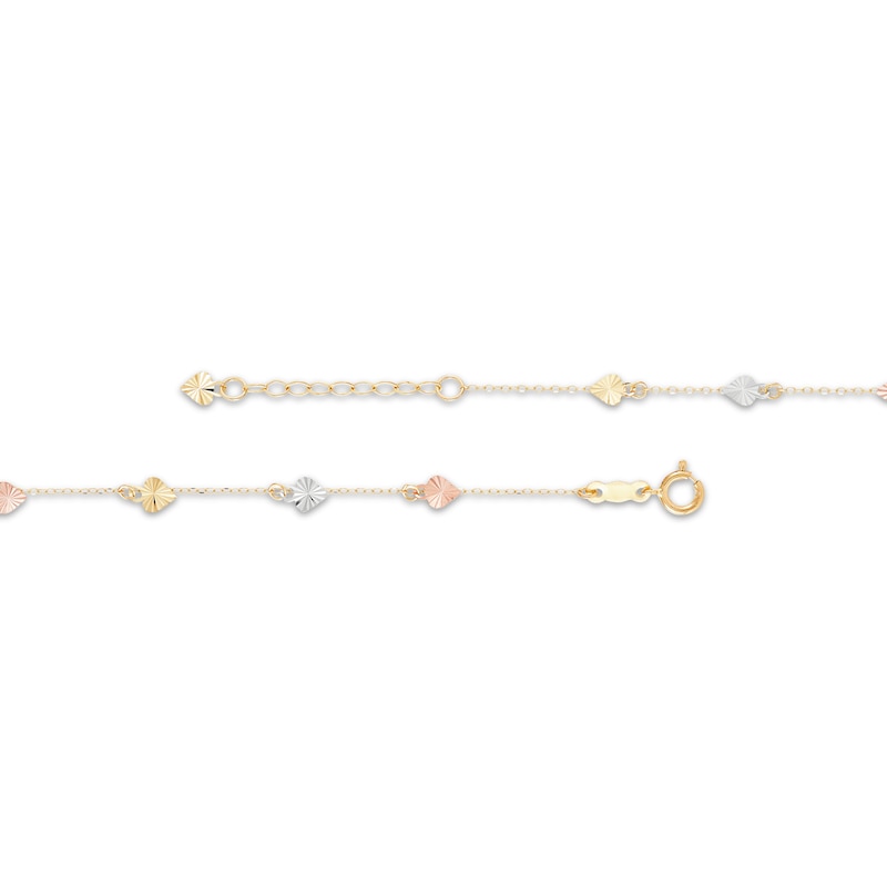 Diamond-Cut Heart Dangle Anklet 10K Tri-Tone Gold 10"