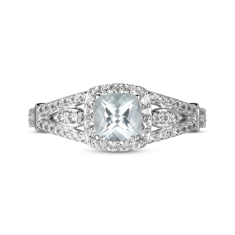 Main Image 3 of Cushion-Shaped Aquamarine & White Lab-Created Sapphire Ring Sterling Silver