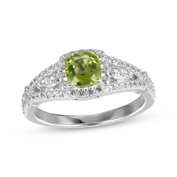 Cushion-Shaped Peridot & White Lab-Created Sapphire Ring Sterling Silver