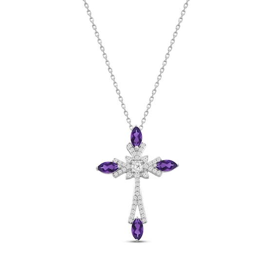 Marquise-Cut Amethyst & Round-Cut White Lab-Created Sapphire Cross Necklace Sterling Silver 18"