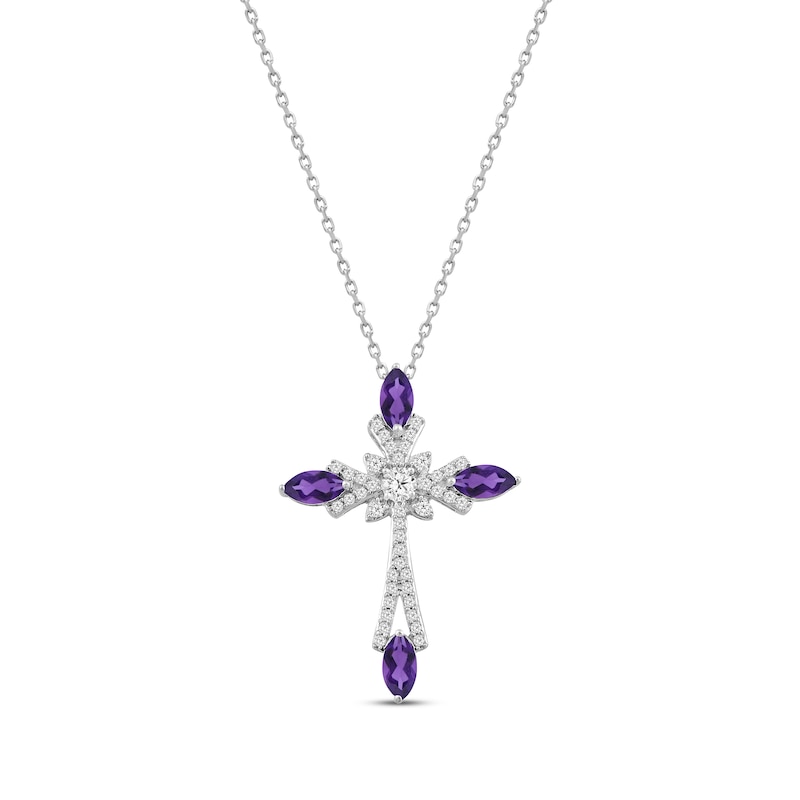 Main Image 1 of Marquise-Cut Amethyst & Round-Cut White Lab-Created Sapphire Cross Necklace Sterling Silver 18"