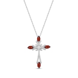 Marquise-Cut Garnet & Round-Cut White Lab-Created Sapphire Cross Necklace Sterling Silver 18"