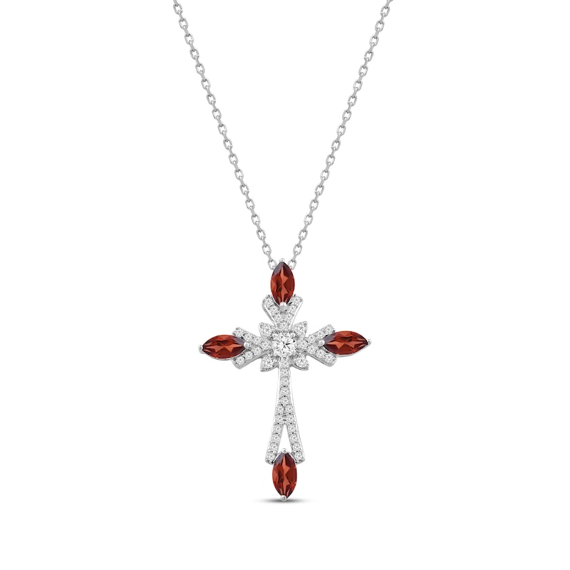 Main Image 1 of Marquise-Cut Garnet & Round-Cut White Lab-Created Sapphire Cross Necklace Sterling Silver 18"