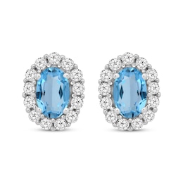 Oval-Cut Swiss Blue Topaz & White Lab-Created Sapphire Halo Earrings Sterling Silver