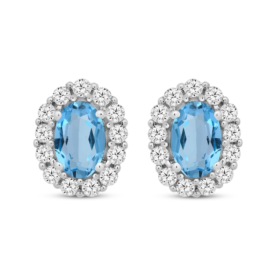 Oval-Cut Swiss Blue Topaz & White Lab-Created Sapphire Halo Earrings Sterling Silver