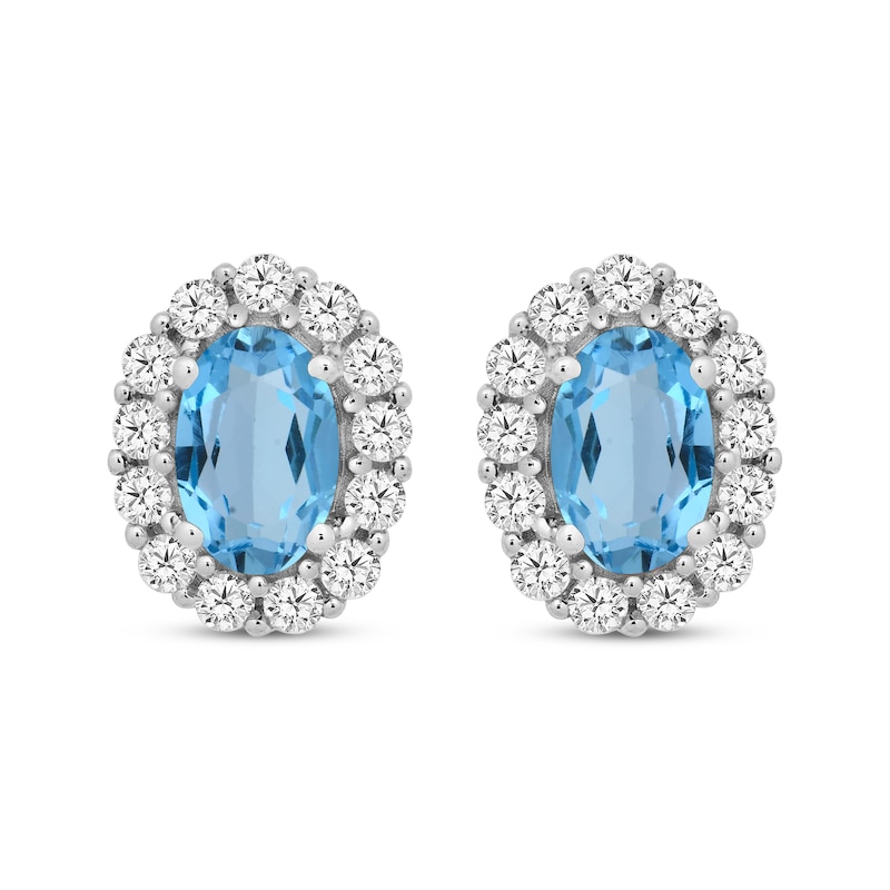 Main Image 1 of Oval-Cut Swiss Blue Topaz & White Lab-Created Sapphire Halo Earrings Sterling Silver