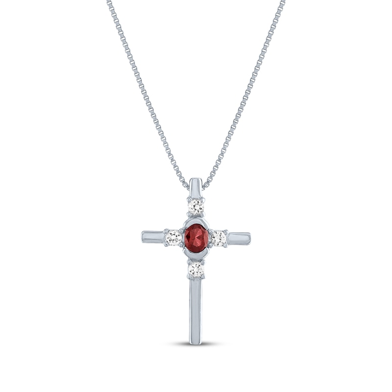 Main Image 1 of Oval-Cut Garnet & Round-Cut White Lab-Created Sapphire Cross Necklace Sterling Silver 18"