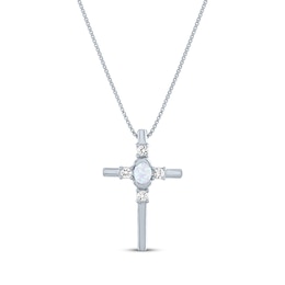 Oval-Cut Lab-Created Opal & Round-Cut White Lab-Created Sapphire Cross Necklace Sterling Silver 18"