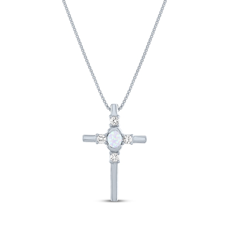 Oval-Cut Lab-Created Opal & Round-Cut White Lab-Created Sapphire Cross Necklace Sterling Silver 18"