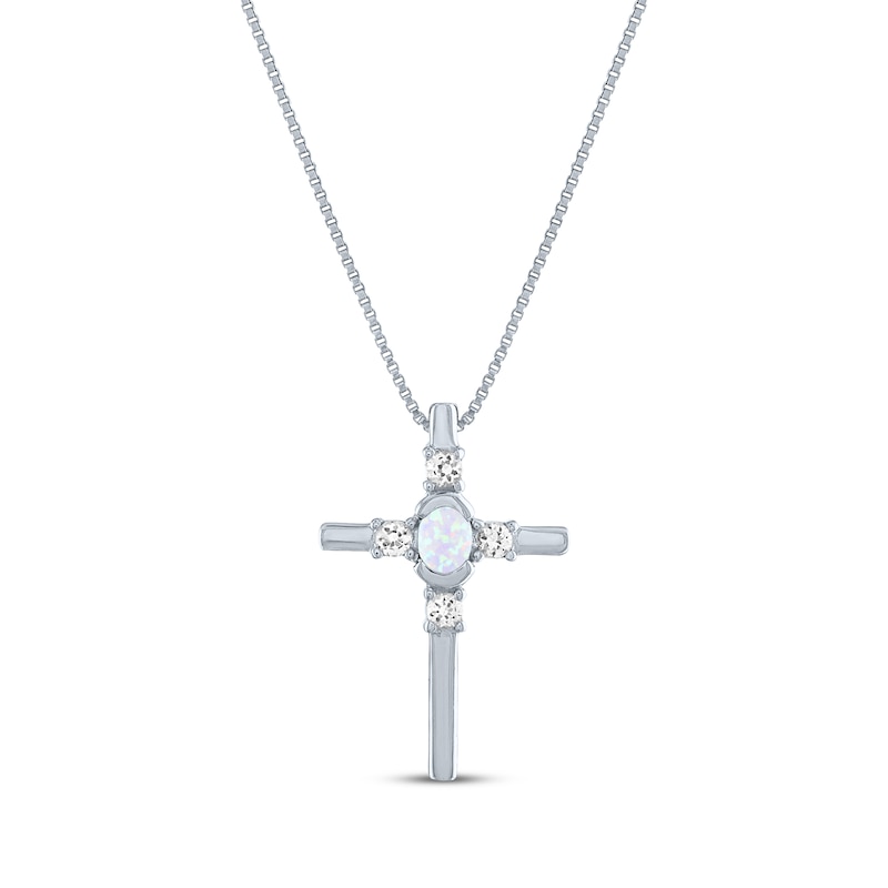 Main Image 1 of Oval-Cut Lab-Created Opal & Round-Cut White Lab-Created Sapphire Cross Necklace Sterling Silver 18"