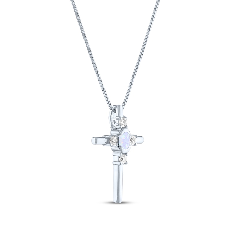 Oval-Cut Lab-Created Opal & Round-Cut White Lab-Created Sapphire Cross Necklace Sterling Silver 18"