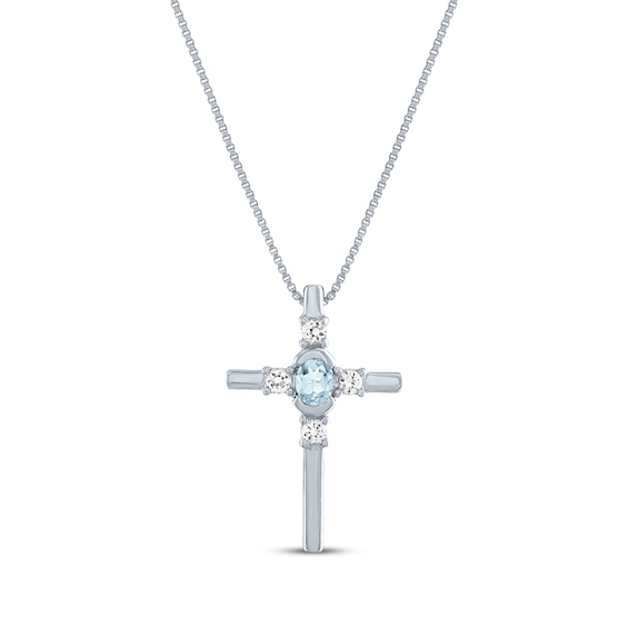 Oval-Cut Aquamarine & Round-Cut White Lab-Created Sapphire Cross Necklace Sterling Silver 18"
