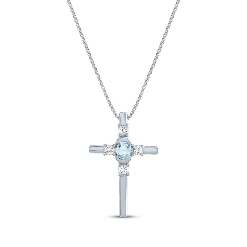 Main Image 1 of Oval-Cut Aquamarine & Round-Cut White Lab-Created Sapphire Cross Necklace Sterling Silver 18"
