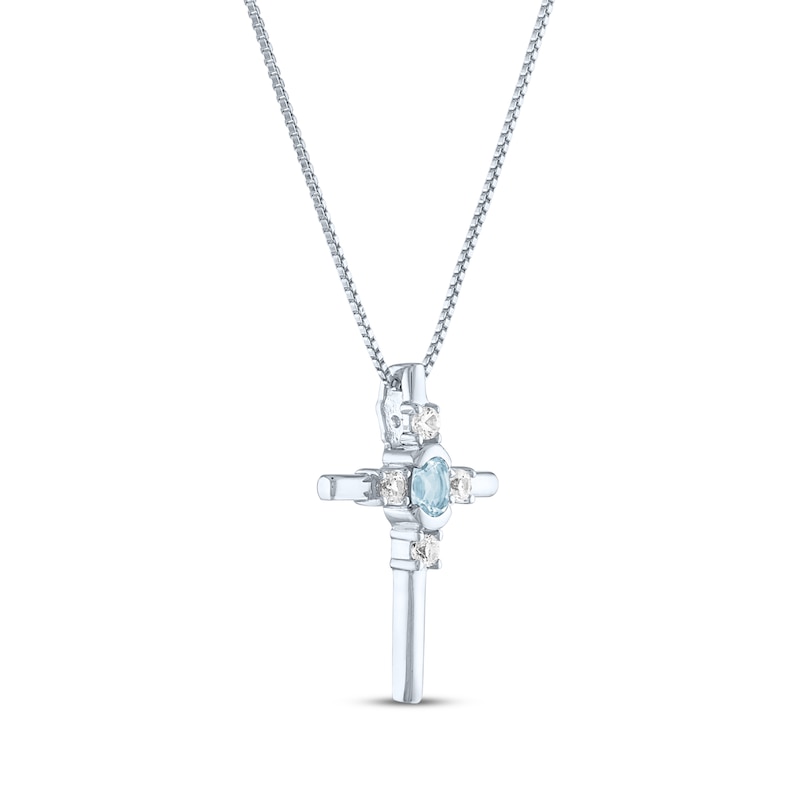 Main Image 2 of Oval-Cut Aquamarine & Round-Cut White Lab-Created Sapphire Cross Necklace Sterling Silver 18"