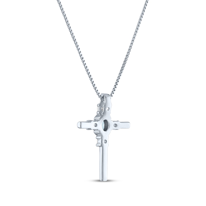 Main Image 3 of Oval-Cut Aquamarine & Round-Cut White Lab-Created Sapphire Cross Necklace Sterling Silver 18"