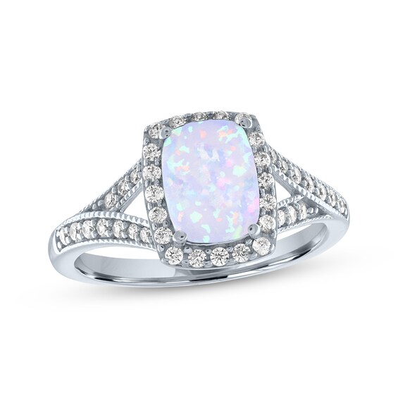 Cushion-Cut Lab-Created Opal & White Lab-Created Sapphire Ring Sterling Silver